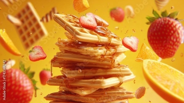Fototapeta Stack of golden pancakes with syrup, strawberries, and waffles floating in mid-air against a vibrant yellow background