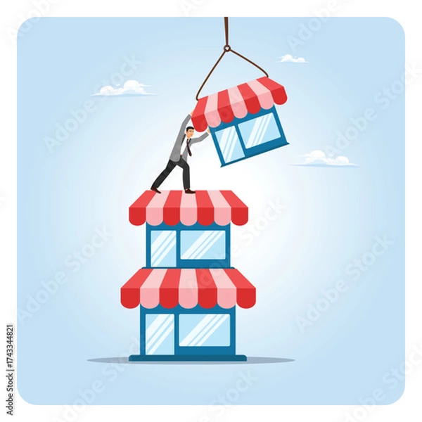 Fototapeta Build up business concept, ambitious businessman build up store on top of company stack.