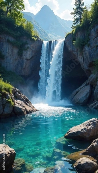 Fototapeta Pristine Mountain Waterfall Sunlight Drenched Cascade of Crystal Clear Water