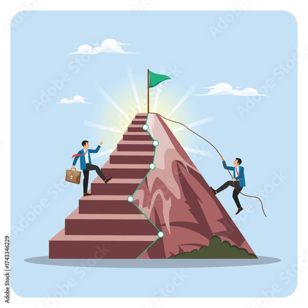 Fototapeta Way to reach business goal. Two Professionals Scale a Mountain Staircase Toward a Flag at Summit.