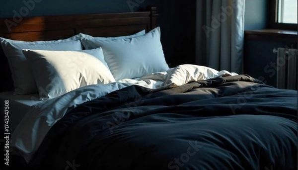 Fototapeta Peaceful Slumber Soft Shadows Dance Across Crisp White Sheets in a Dark, Serene Bedroom