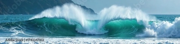 Fototapeta Dramatic Ocean Wave Collision Powerful Waves Crashing, Creating a Stunning Natural Spectacle of Frothy Whitecaps and Turbulent Waters