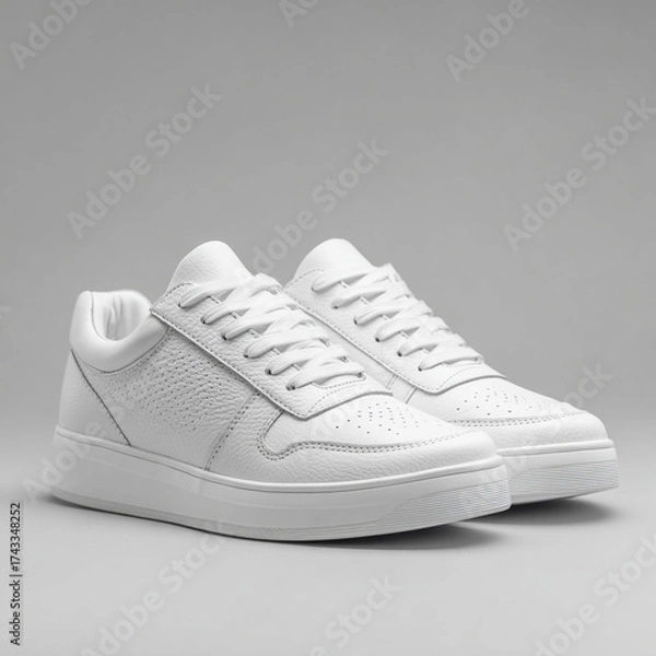 Fototapeta Clean white minimalist sneakers on light gray background – studio product shot, high detail, isolated, ideal for e-commerce and fashion design