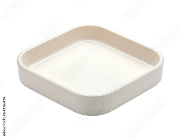 Fototapeta An empty, off-white, square, shallow ceramic dish isolated on a black background