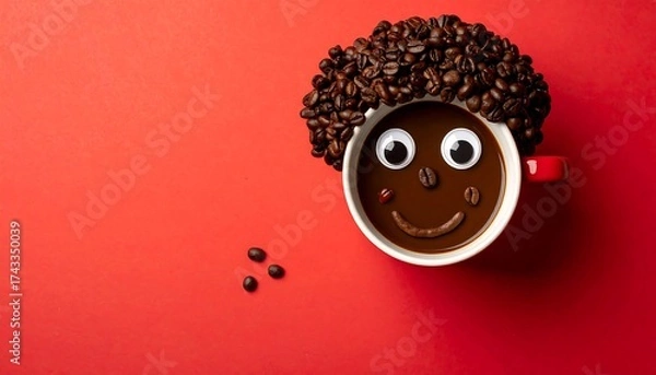 Obraz Whimsical Coffee Cup Character with Bean Hair on Red Background.