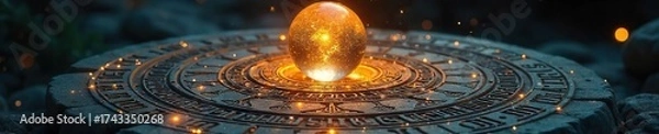 Fototapeta Glowing Celestial Sphere Hovers Over Ancient Runes Mystical Stone with Ethereal Light and Arcane Energy, Perfect for Fantasy, Occult, and Spiritual Designs