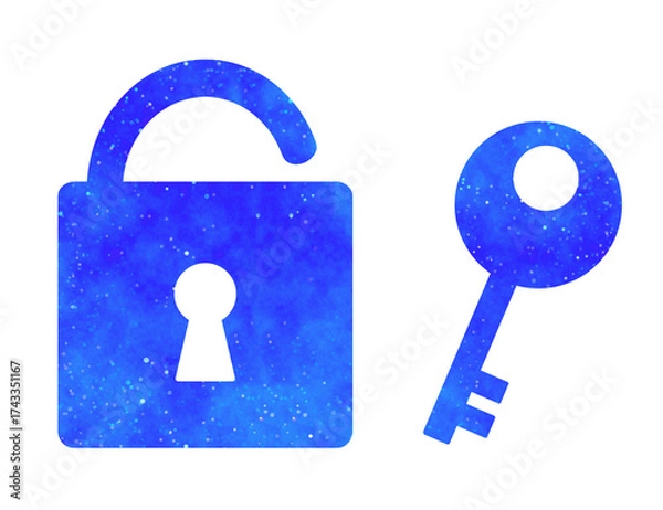 Obraz 青い星空｜開いた南京錠と鍵マーク