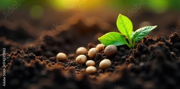Fototapeta Sunlight Illuminates Tiny Seeds Nestled in Dark, Fertile Soil, Ready for Spring Planting.  A Close-Up View of Agricultural Beginnings.