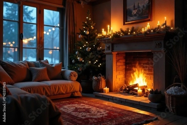 Fototapeta Warm Candlelight Illuminates Cozy Living Room Fireplace, Creating a Relaxing Winter Scene Perfect for Home Decor and Relaxation Themes