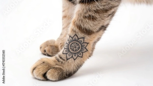 Fototapeta Cat with intricate floral tattoo on its paw displayed against a clean white background