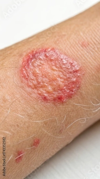 Fototapeta Close up view of ringworm infection on skin, showcasing the texture and color on a white background