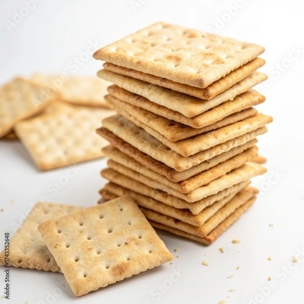 Fototapeta Stack of crunchy crackers on a clean white background with additional crackers scattered around