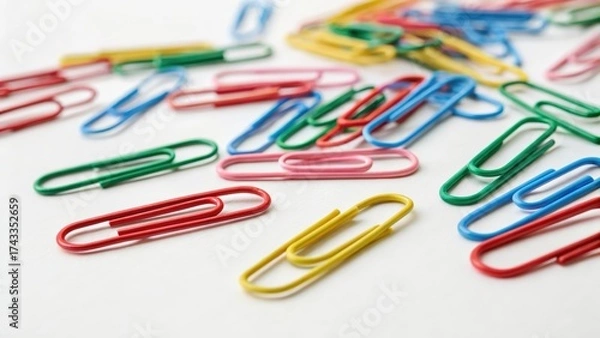 Fototapeta Colorful paper clips scattered on a white surface create an engaging and vibrant visual display for office supplies