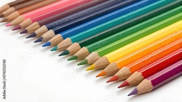 Fototapeta Colorful collection of colored pencils arranged in a rainbow pattern on a white background