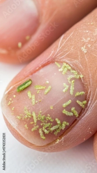 Fototapeta Bacteria found under fingernails on a white background revealing details of microbial life