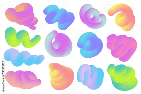 Obraz 3D abstract gradient shapes. Colored fluid wavy lines. Bright blended holographic pipes on white background. Swirl modern doodle strokes. Vector trendy vibrant elements for creative poster