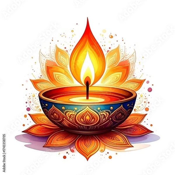 Obraz Diwali Celebration - A Lit Diya Lamp with Lotus Petals.