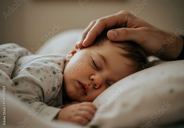 Fototapeta Sleeping baby with hand gently touching head in close up shot