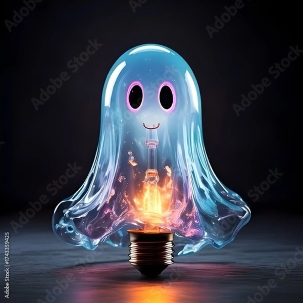 Obraz glowing ghost shaped light bulb with blue translucent material and pink eyes creative energy concept