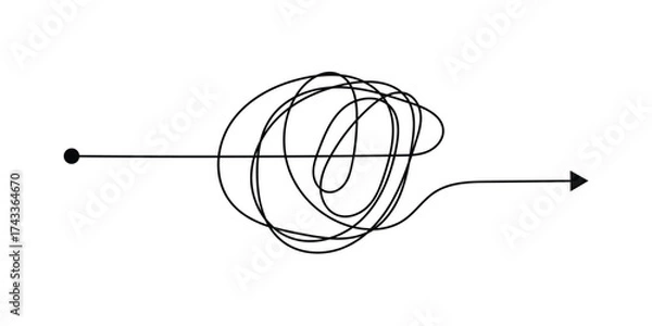 Fototapeta Doodle clew messy tangle. Chaos lines, hand drawing tangled clew, insane mess scribble, confused brain thinking doodle, clutter complicated concept. Squiggles and scrawl vector set in eps 10.