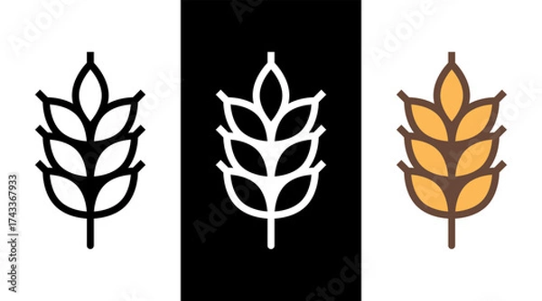 Fototapeta Wheat icon in different style: line black, white and flat colorful.