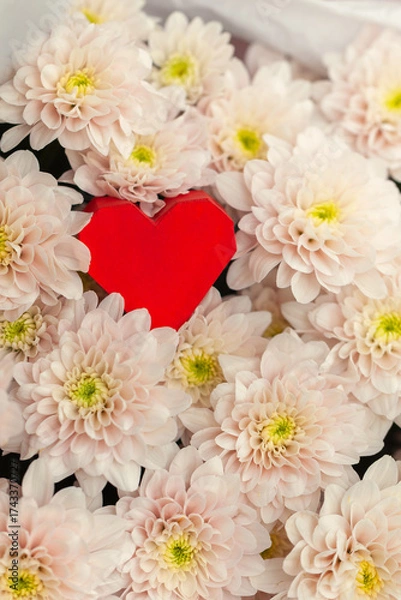 Fototapeta Beautiful arrangement of soft pink flowers with a vibrant red heart nestled among the petals, symbolizing love and affection in a romantic setting. A holiday card for Valentine's day or Mother's Day.