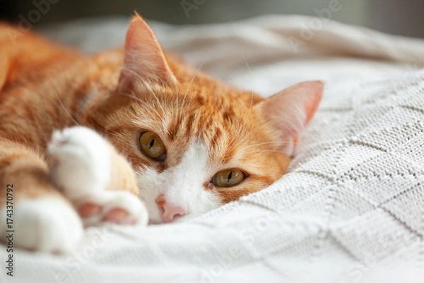 Obraz Orange tabby cat lounging on a soft knitted blanket, displaying its striking green eyes and relaxed demeanor, embodying a cozy and serene atmosphere in a home setting