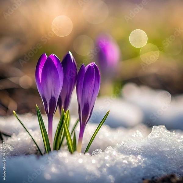 Fototapeta Delicate purple crocuses emerge from melting snow in early spring sunlight