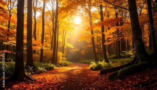 Fototapeta Autumn forest path bathed in sunlight