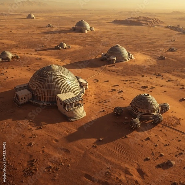 Fototapeta Futuristic Martian Colony with Dome Habitats and Rovers on Red Desert Landscape