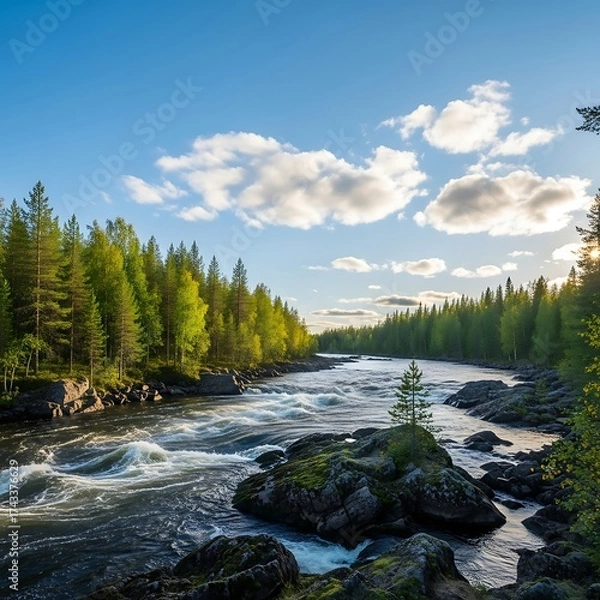 Obraz River Flowing Through Lush Forest Landscape.