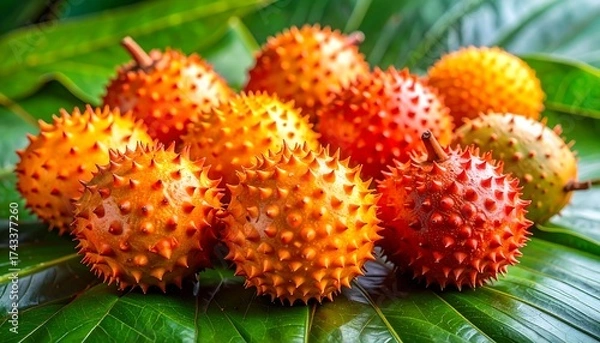 Obraz Vibrant Gac Fruit Displayed on Lush Green Leaves.