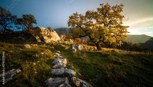 Obraz Autumnal Landscape with Stone Path and Golden Trees.