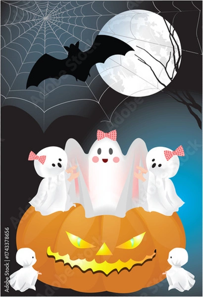 Fototapeta Funny Halloween composition with ghosts and pumpkins