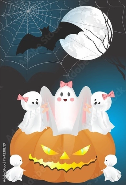 Fototapeta Funny Halloween composition with ghosts and pumpkins