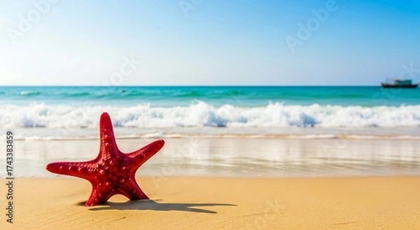 Fototapeta Red Starfish on Sandy Beach, Sunny Day.