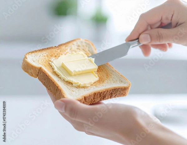 Fototapeta バターを塗っているトーストのアップ