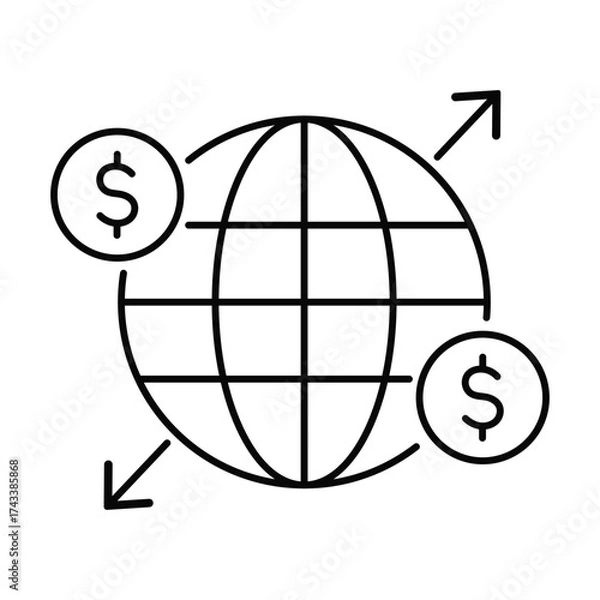 Fototapeta Outline globe with dollar signs and arrows symbolizing global finance and currency exchange vector 