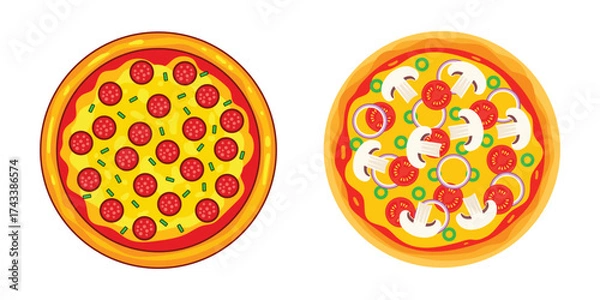 Fototapeta Delicious pepperoni and vegetarian pizzas presented side by side top view vector illustration