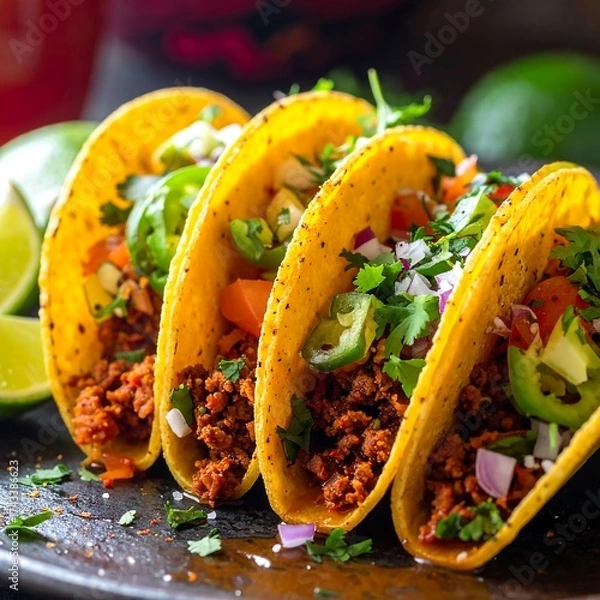 Obraz Delicious Tacos with Ground Beef and Fresh Toppings on a Dark Plate.