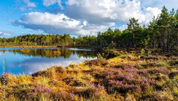 Obraz Serene Bog Landscape - Reflections on Water and Heather in Autumn.