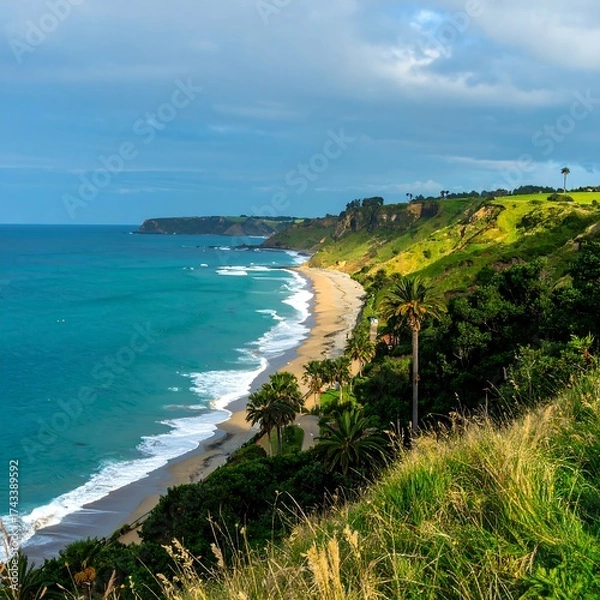 Fototapeta Coastal scenery with cliffs, beach, and waves