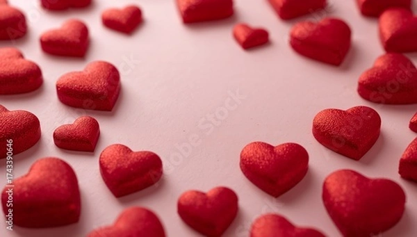 Fototapeta Shiny red decorative hearts are scattered across the soft pastel pink background, captured within close-up featuring shallow depth of field, creating a romantic and festive mood
