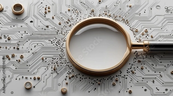 Obraz Magnifying Glass Scanning Circuit Board for Data Detection and Tech Analysis in Digital Innovation