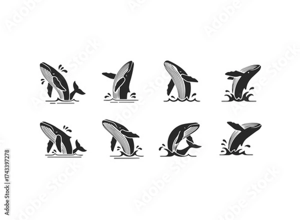 Fototapeta Set of Stylized Whale Icons in Ocean Waves.