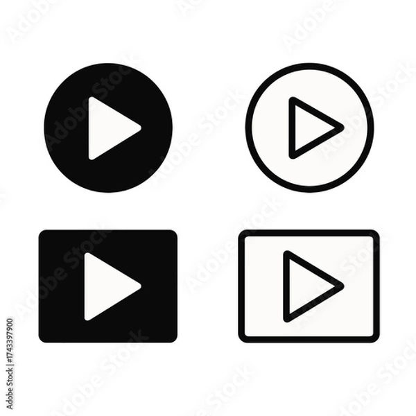 Fototapeta Set of play button icons in circle and rectangle shapes for video, media, or interface design.