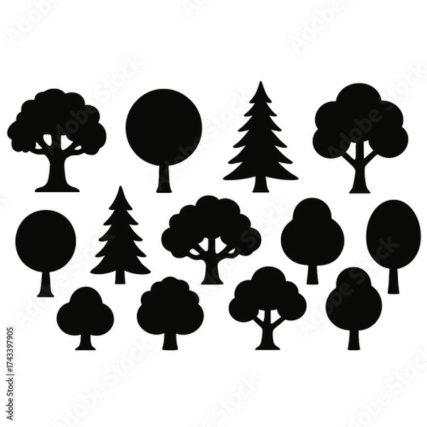Fototapeta Set of black tree silhouettes showing various forest and nature shapes in minimal style.