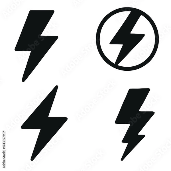 Fototapeta Set of black lightning bolt icons symbolizing energy, electricity, and power in minimal style