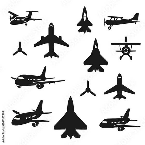 Fototapeta Collection of black airplane silhouettes including jets and propeller planes in simple vector style.