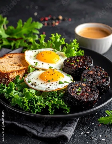 Obraz Delicious Breakfast Plate - Fried Eggs, Black Pudding, and Toast.